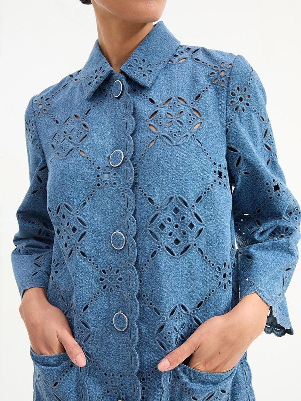 Veronica Beard Chambray Eyelet Mini Coat Dress in Light Blue